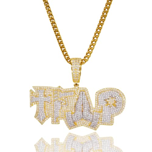 ICEDIAMOND Iced Out TRAP Letter Halskette, Bling CZ Diamant Anhänger mit 14K Gold Finish Franco Square Box Kette, Hip Hop Charm Schmuck für Männer Frauen von ICEDIAMOND