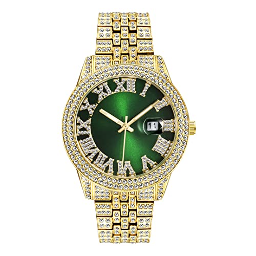 ICEDIAMOND Mode eisige rosa römische Zifferblatt-Armbanduhr, vereistes volles simuliertes Diamant-Wasserdicht-leuchtendes Paaruhr-Armband (Gold-Green) von ICEDIAMOND