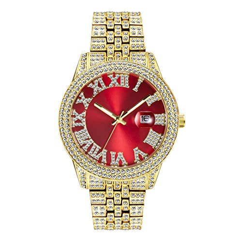 ICEDIAMOND Mode eisige rosa römische Zifferblatt-Armbanduhr, vereistes volles simuliertes Diamant-Wasserdicht-leuchtendes Paaruhr-Armband (Gold-Red) von ICEDIAMOND