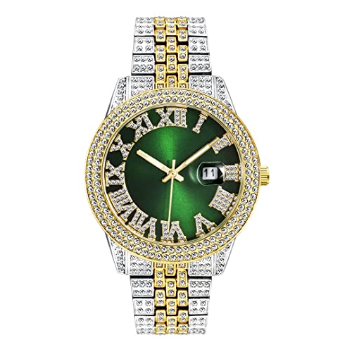 ICEDIAMOND Mode eisige rosa römische Zifferblatt-Armbanduhr, vereistes volles simuliertes Diamant-Wasserdicht-leuchtendes Paaruhr-Armband (Mixed-Green) von ICEDIAMOND