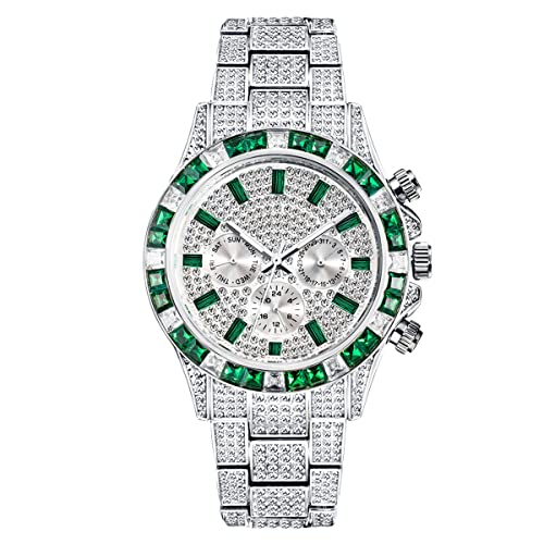 ICEDIAMOND 3-Augen-Armbanduhr mit kubischem Labordiamant, Quarz, Kalender und Zeitzonenanzeige, Zifferblatt, Uhr für Herren und Damen (Green-W) von ICEDIAMOND