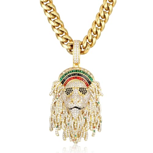 ICEDIAMOND Rasta Löwen Anhänger mit 10MM Cuban Kette, 18K Gold/Weißgold plattierte Hip Hop Halskette mit Multicolor 5A CZ Steinen, Statement Schmuck für Herren & Damen (Gold, 20''Cuban) von ICEDIAMOND