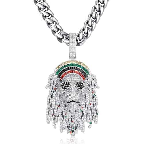 ICEDIAMOND Rasta Löwen Anhänger mit 10MM Cuban Kette, 18K Gold/Weißgold plattierte Hip Hop Halskette mit Multicolor 5A CZ Steinen, Statement Schmuck für Herren & Damen (White, 20''Cuban) von ICEDIAMOND