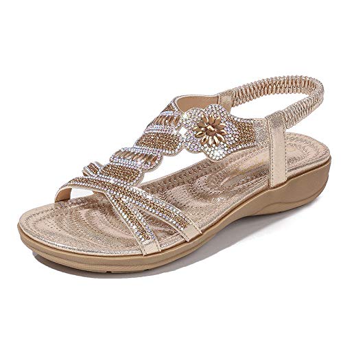 ICEGIA Flache Sandalen für Damen, Sommer, Strand, T-Riemen, Strass, Perlen, Bohemia Schuhe, Golden of 9#, 39.5 EU ICEGIA Flache Sandalen für Damen, Sommer, Strand, T-Riemen, Strass, Perlen, Bohemia Schuhe, Golden of 9#, 39.5 EU von ICEGIA