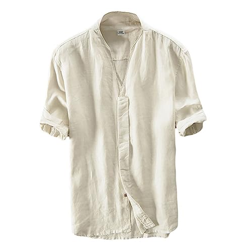 Icegrey Herren 100% Leinen Kurzarm Hemd Sommerhemd V-Neck Freizeit Hemd Beige 54 von Icegrey