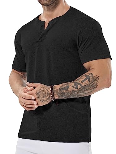 ICEMOOD Herren Dry Fit Shirt Henley Kragen Slim Fit T Athletisches Gym Workout T-Shirt Kurzarm 3-Knopf Lässiges Basic Shirt Quick Dry Performance Cool Tech Polo Feuchtigkeitsableitend Sommer,Schwarz,L von ICEMOOD