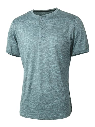ICEMOOD Herren Dry Fit Shirt Henley Kragen Slim Fit T Athletisches Gym Workout T-Shirt Kurzarm 3-Knopf Lässiges Basic Shirt Quick Dry Performance Cool Tech Polo Feuchtigkeitsableitend Sommer,Türkis,L von ICEMOOD