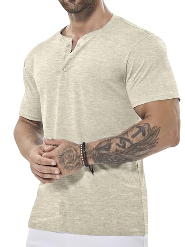 ICEMOOD Herren Dry Fit Shirt Henley Kragen Slim Fit T Athletisches Gym Workout T-Shirt Kurzarm 3-Knopf Lässiges Basic Shirt Quick Dry Performance Cool Tech Polo Feuchtigkeitsableitend Sommer,Beige,L von ICEMOOD