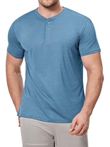 ICEMOOD Herren Dry Fit Shirt Henley Kragen Slim Fit T Athletisches Gym Workout T-Shirt Kurzarm 3-Knopf Lässiges Basic Shirt Quick Dry Performance Cool Tech Polo Feuchtigkeitsableitend Sommer,Blau,L von ICEMOOD
