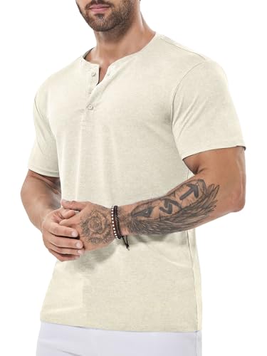 ICEMOOD Herren Dry Fit Shirt Henley Kragen Slim Fit T Athletisches Gym Workout T-Shirt Kurzarm 3-Knopf Lässiges Basic Shirt Quick Dry Performance Cool Tech Polo Feuchtigkeitsableitend Sommer,Creme,L von ICEMOOD