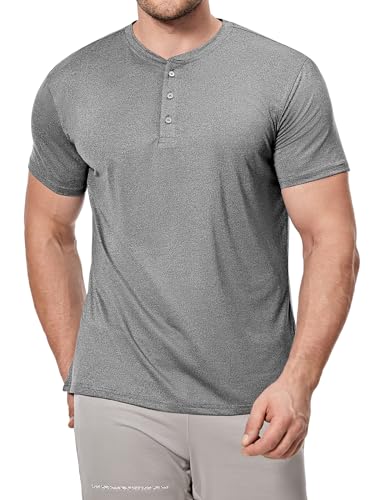 ICEMOOD Herren Dry Fit Shirt Henley Kragen Slim Fit T Athletisches Gym Workout T-Shirt Kurzarm 3-Knopf Lässiges Basic Shirt Quick Dry Performance Cool Tech Polo Feuchtigkeitsableitend Sommer,Grau,L von ICEMOOD
