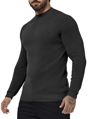 ICEMOOD Herren Pullover mit Stehkragen Slim Fit Halber Rollkragenpullover Kurzer Rollkragen Strick Leichtes Langarmshirt, Schwarz, X-Groß von ICEMOOD