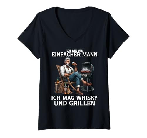 Damen ICH BIN EIN EINFACHER MANN - ICH MAG WHISKY UND GRILLEN T-Shirt mit V-Ausschnitt von ICH BIN EIN EINFACHER MANN - WHISKY UND GRILLEN