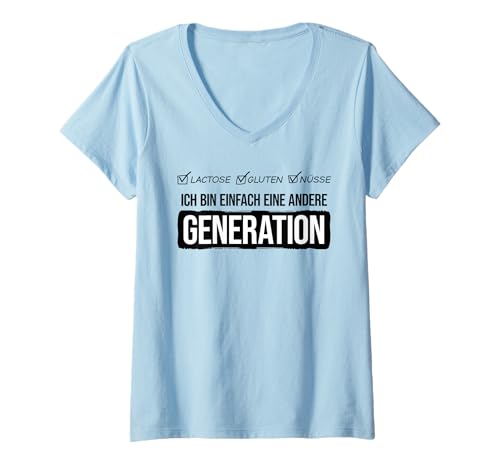 Damen ICH BIN EINFACH EINE ANDERE GENERATION. Lactose Gluten Nüsse T-Shirt mit V-Ausschnitt von ICH BIN EINFACH EINE ANDERE GENERATION. Boomer Bro
