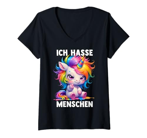 Damen ICH HASSE MENSCHEN - EINHORN. Misantroph Menschenhasser T-Shirt mit V-Ausschnitt von ICH HASSE MENSCHEN. Lustige Sarkasmus Ironie Tiere