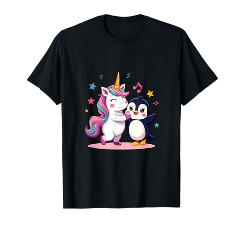 ICH WILL DAS Einhorn tanzt mit Pinguin Unisex Kinder Jugendliche Erwachsene Cartoon-Einhorn-Shirt Schwarz S EU Klein von ICH WILL DAS