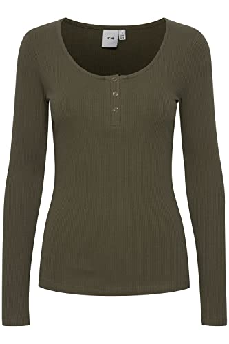 ICHI IHSUPER LS Damen Longsleeve Langarmshirt Shirt Basic Rippshirt mit Langem Ärmeln und geknöpftem Ausschnitt Figurbetontes Regular Fit, Größe:M, Farbe:Ivy Green (190512) von ICHI