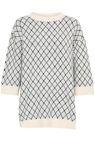 ICHI IHALVINO MS Damen Strickpullover Grobstrick Pullover Longpullover mit 3/4-Ärmel Rippbündchen Rundhals leicht elastisch Loose fit, Größe:S, Farbe:Cloud Dancer (114201) von ICHI