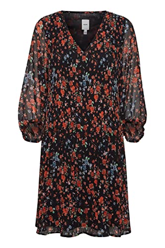 ICHI IHBALLY DR2 Damen Freizeitkleid Kleid Minikleid mit 3/4 Arm Chiffon V-Ausschnitt Regular-Fit, Größe:36, Farbe:Black SMALL Multi Flower (201492) von ICHI