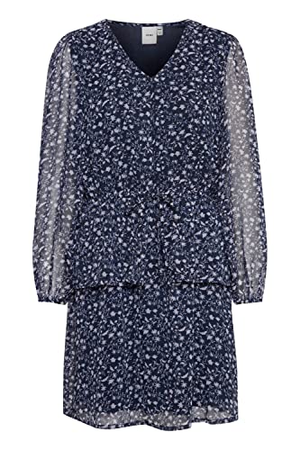 ICHI IHBERANO DR2 Damen Freizeitkleid Kleid Minikleid Chiffon Langarm Schößchen V-Ausschnitt Regular-Fit, Größe:34, Farbe:Total Eclipse (194010) von ICHI