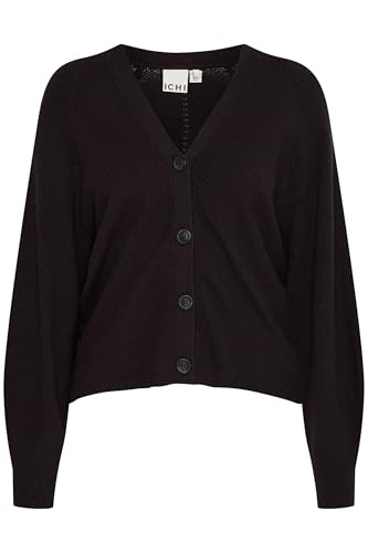 ICHI IHBOSTON Damen Strickjacke Cardigan mit Knöpfen V-Ausschnitt Puffärmel Loose fit, Größe:L, Farbe:Black (194008) von ICHI