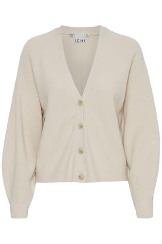 ICHI IHBOSTON Damen Strickjacke Cardigan mit Knöpfen V-Ausschnitt Puffärmel Loose fit, Größe:M, Farbe:Almond Milk (124301) von ICHI