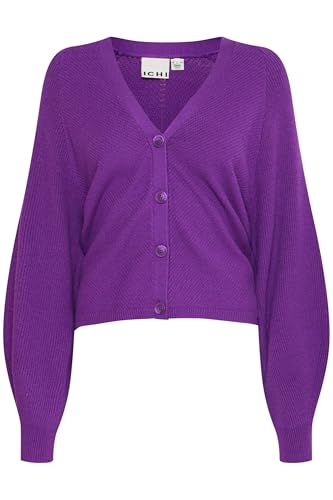 ICHI IHBOSTON Damen Strickjacke Cardigan mit Knöpfen V-Ausschnitt Puffärmel Loose fit, Größe:S, Farbe:Imperial Purple (193528) von ICHI