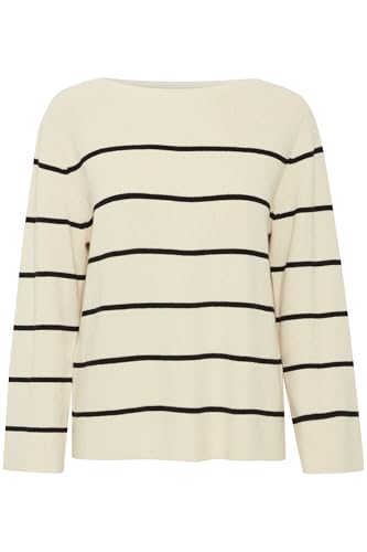 ICHI IHBOSTON Damen Strickpullover Feinstrick Pullover Pulli mit Rundhals Streifenmuster Loose fit, Größe:S, Farbe:Almond Milk Black Stripe (203332) von ICHI