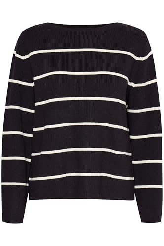 ICHI IHBOSTON Damen Strickpullover Feinstrick Pullover Pulli mit Rundhals Streifenmuster Loose fit, Größe:XXL, Farbe:Meteorite Almond Milk Stripe (203847) von ICHI