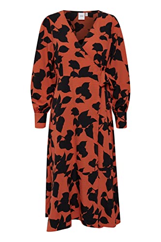 ICHI IHCAVOLA DR Damen Freizeitkleid Kleid gemustertes Midi-Wickelkleid mit Langen Ärmeln und V-Ausschnitt Regular-Fit, Größe:38, Farbe:Pureed Pumpkin (171449) von ICHI