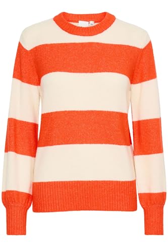 ICHI IHEDEN Damen Strickpullover Feinstrick Pullover Pulli mit Rippkragen Rippbündchen leicht elastisch Loose fit, Größe:L, Farbe:Orange.com Almond Milk Stripe (203333) von ICHI