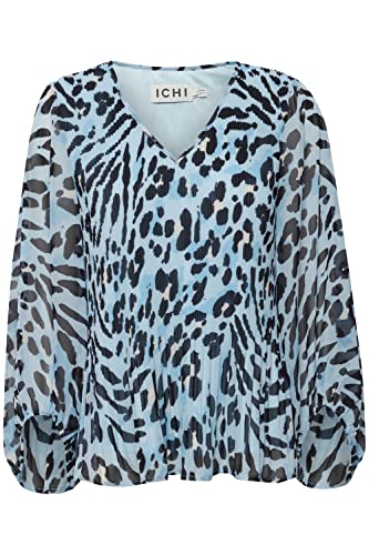 ICHI IHELLY MS Damen Lange Bluse Langarm Florale Plissee-Bluse mit verkürzten Ärmeln und elastischen Bündchen V-Ausschnitt Regular Fit, Größe:36, Farbe:Little Boy Blue Leo Print (201893) von ICHI