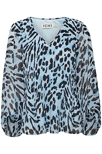 ICHI IHELLY MS Damen Lange Bluse Langarm Florale Plissee-Bluse mit verkürzten Ärmeln und elastischen Bündchen V-Ausschnitt Regular Fit, Größe:42, Farbe:Little Boy Blue Leo Print (201893) von ICHI