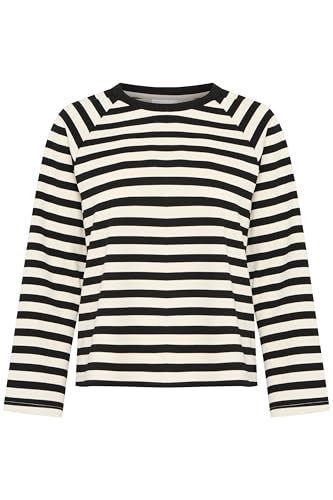 ICHI IHITIRA Damen Pullover Sweater Pulli mit Rundhals leicht elastisch Regular fit, Größe:L, Farbe:Black/Almond Milk Stripe (203899) von ICHI