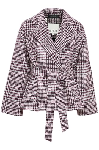 ICHI IHJANNET Damen Übergangsjacke Kurzmantel Jacke mit Bindegürtel Reverskragen loose fit, Größe:38, Farbe:Black Brushed Chek (203547) von ICHI