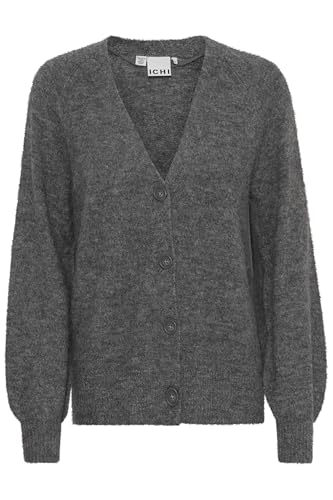 ICHI IHKAMARA Damen Strickjacke Cardigan mit Feinstrick Knöpfen leicht elastisch V-Auschnitt Regular fit, Größe:S, Farbe:Dark Grey Melange (200319) von ICHI
