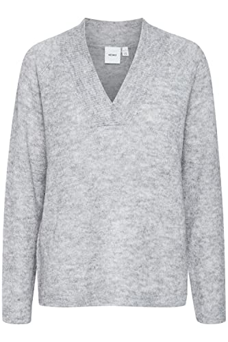 ICHI IHKAMARA V LS Damen Strickpullover Feinstrick Pullover Strickpullover mit V-Ausschnitt Slim-Fit, Größe:2XL, Farbe:Grey Melange (200318) von ICHI