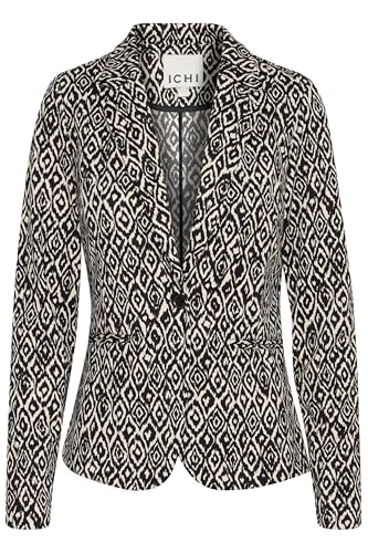 ICHI IHKATE Damen Blazer Jackenblazer mit Reverskragen 1-Knopf-Form V-Ausschnitt Gemustert Slim fit, Größe:L, Farbe:Black Ikat AOP (203344) von ICHI