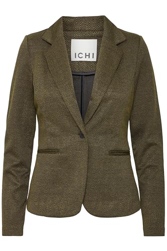 ICHI IHKATE Jacquard Damen Blazer Jackenklazer mit Reverskragen Paspeltaschen V-Ausschnitt 1-Knopf-Form leicht elastisch Slim fit, Größe:M, Farbe:Black/Lizard Herringbone (203618) von ICHI