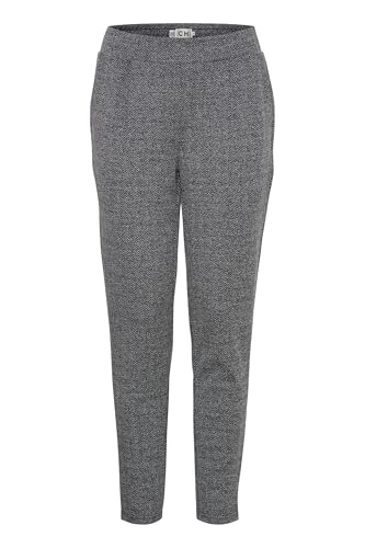 ICHI IHKATE Jacquard Damen Hose Stoffhose mit Eingrifftaschen Paspeltaschen Gummizug leicht elastisch Regular fit, Größe:XXL, Farbe:Black/White Herringbone (203523) von ICHI
