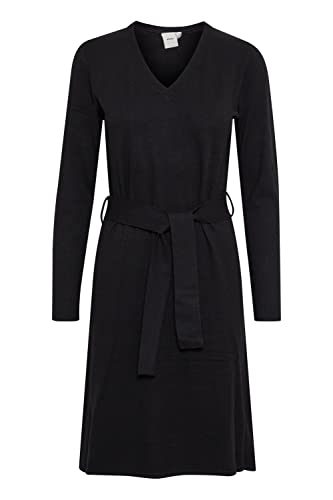 ICHI IHKAVA DR2 Damen Freizeitkleid Kleid Midi-Feinstrickkleid mit Schlitzen und Gürtel V-Ausschnitt Langarm Slim-Fit, Größe:M, Farbe:Black (194008) von ICHI