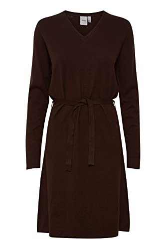 ICHI IHKAVA DR2 Damen Freizeitkleid Kleid Midi-Feinstrickkleid mit Schlitzen und Gürtel V-Ausschnitt Langarm Slim-Fit, Größe:S, Farbe:Coffee Bean Melange (1909151) von ICHI