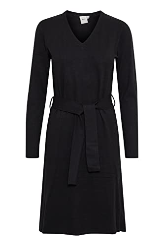 ICHI IHKAVA DR2 Damen Freizeitkleid Kleid Midi-Feinstrickkleid mit Schlitzen und Gürtel V-Ausschnitt Langarm Slim-Fit, Größe:XXL, Farbe:Black (194008) von ICHI