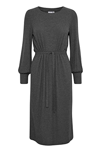 ICHI IHKYLA DR3 Damen Freizeitkleid Kleid Midikleid Rippstrick Schlitze Langarm Rundhals Regular-Fit, Größe:M, Farbe:Dark Grey Melange (200319) von ICHI