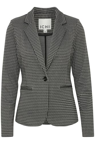 ICHI IHKate Damen Blazer Anzugsblazer Jackenblazer mit Reverskragen 1-Knopf-Manschette Paspeltaschen Regular fit, Größe:XL, Farbe:Black/Grey Houndstooth (203946) von ICHI