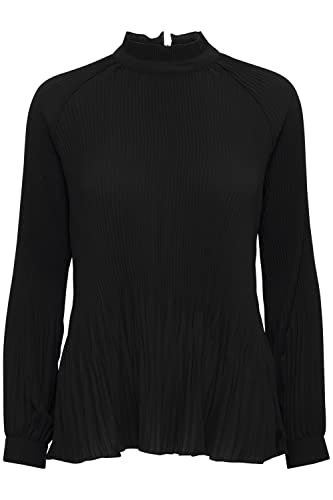 ICHI IHLARA LS Damen Lange Bluse Langarm Plissee Bluse mit Stehkragen hinterer Reißverschluss Regular Fit, Größe:L, Farbe:Black (10001) von ICHI