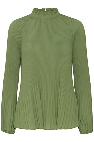ICHI IHLARA LS Damen Lange Bluse Langarm Plissee Bluse mit Stehkragen hinterer Reißverschluss Regular Fit, Größe:L, Farbe:Willow Bough (180119) von ICHI