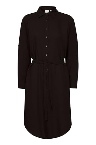 ICHI IHLINO DR2 Damen Kleid Blusenkleid Hemdkragen Knöpfe Bindeband Leinenmix Loose fit, Größe:38, Farbe:Black (194008) von ICHI