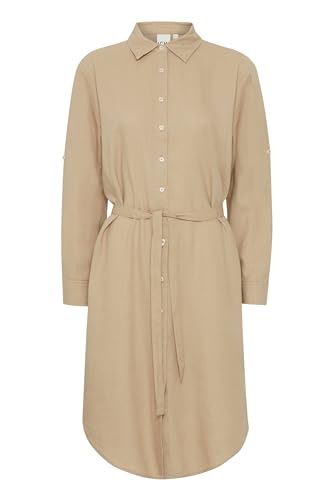 ICHI IHLINO DR2 Damen Kleid Blusenkleid Hemdkragen Knöpfe Bindeband Leinenmix Loose fit, Größe:38, Farbe:Natural (161310) von ICHI