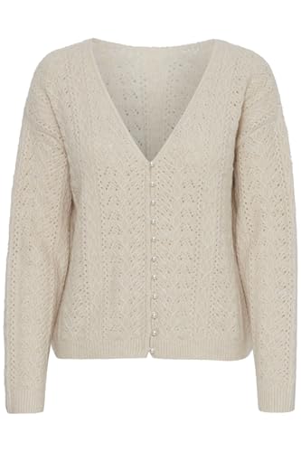 ICHI IHLIYANNA Damen Strickjacke Strickpullover Cardigan mit V-Ausschnitt elastisch Perlmuttknöpfe Regular fit, Größe:M, Farbe:Almond Milk (124301) von ICHI
